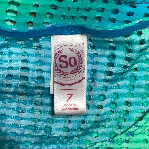 SO Swimsuit Coverup Blue and Green Net Design Sz 7 - Picture 4 of 8